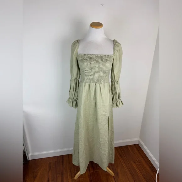 Reformation Hyland Smocked Linen Midi Dress Sage Green Size S Reformation Hyland Smocked Linen Midi Dress Sage Green Size S